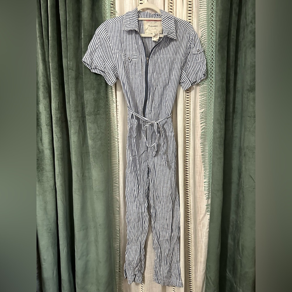 Anthropologie Cartonnier Railroad Stripe Linen Blue White Jumpsuit. Size XS. GUC